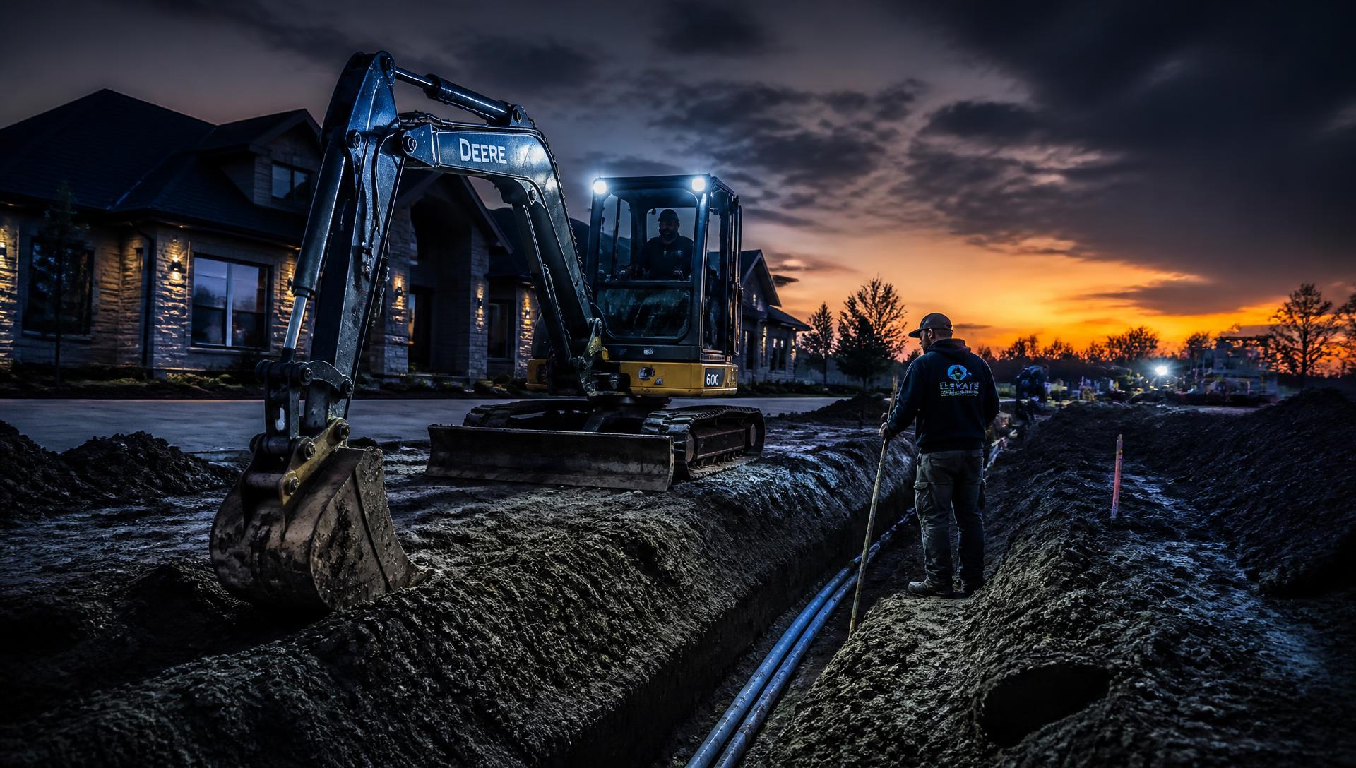 Excavator digging a utility trench beside a large property at dusk